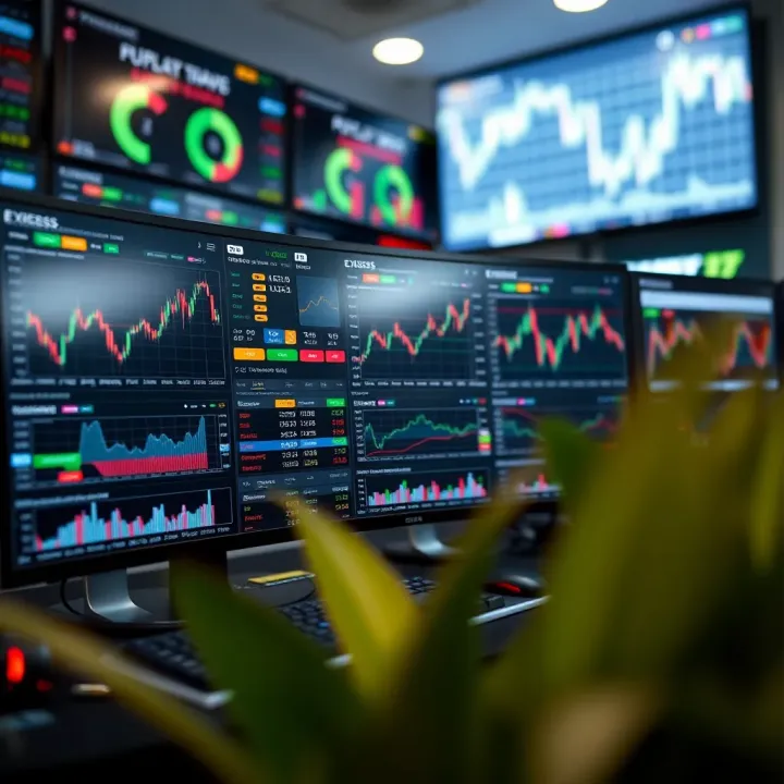 Overview of the Exness trading terminal dashboard displaying various market charts and trading instruments