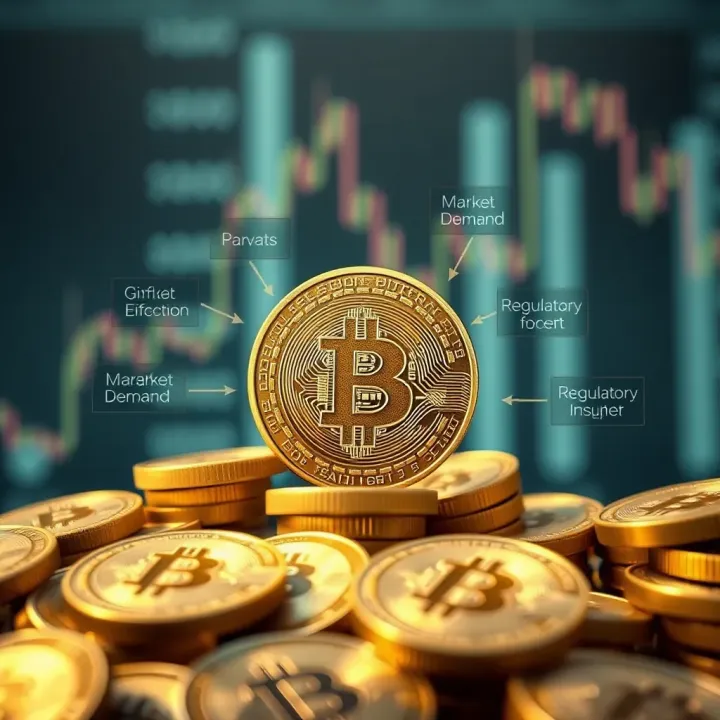 Illustration of factors influencing Bitcoin value including market demand and regulatory impact