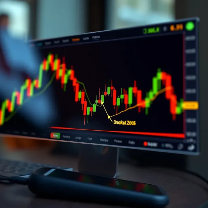 Identifying Forex Chart Patterns and Breakout Zones Illustration of a candlestick chart highlighting pattern recognition points and breakout zones