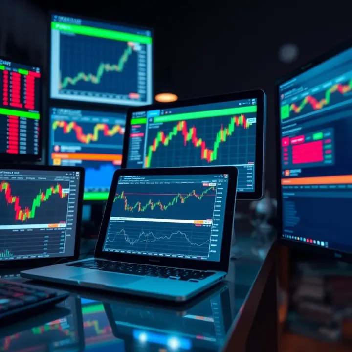 Collection of digital devices displaying forex market charts and analysis tools