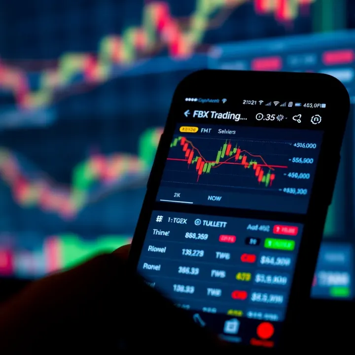 Mobile phone screen showing forex trading demo app interface with currency charts and trading options