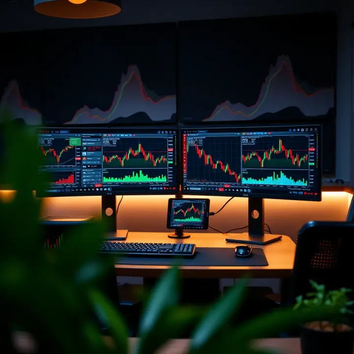 Trading desk featuring four widescreen monitors displaying financial charts and market data