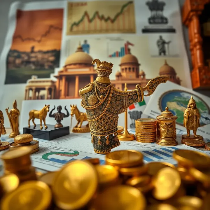 Collage featuring symbols of Indian cultural heritage, investment charts, and government policy documents affecting gold market