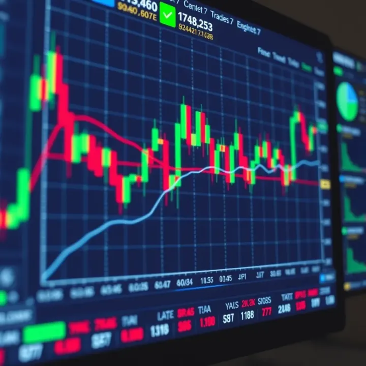 Graph showing financial charts and trading indicators on a digital screen