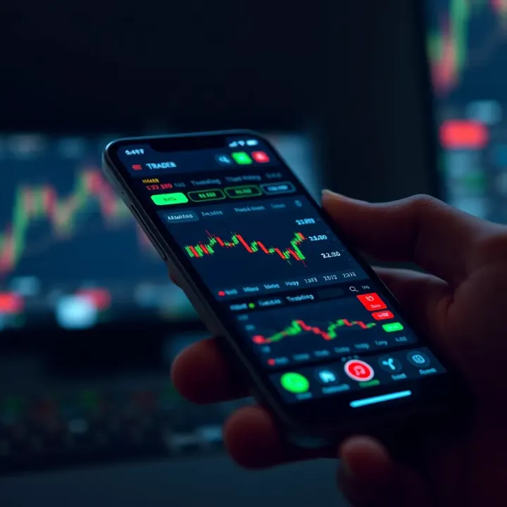 Mobile phone displaying a trading app interface with stock charts and market data