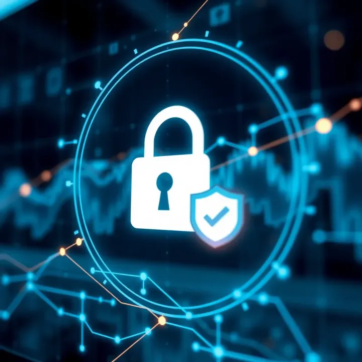 Digital padlock protecting user account with shield and checkmark icons