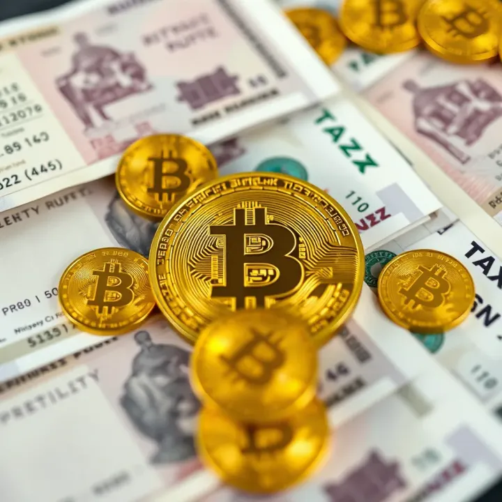 Illustration of Indian Rupee currency notes surrounded by Bitcoin symbols representing tax implications