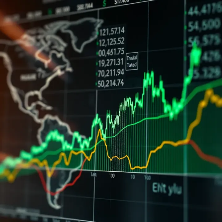 Graph showing currency exchange rate fluctuations against a world map background