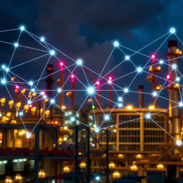 Digital network overlay on industrial infrastructure representing technological advancements and strategic innovation