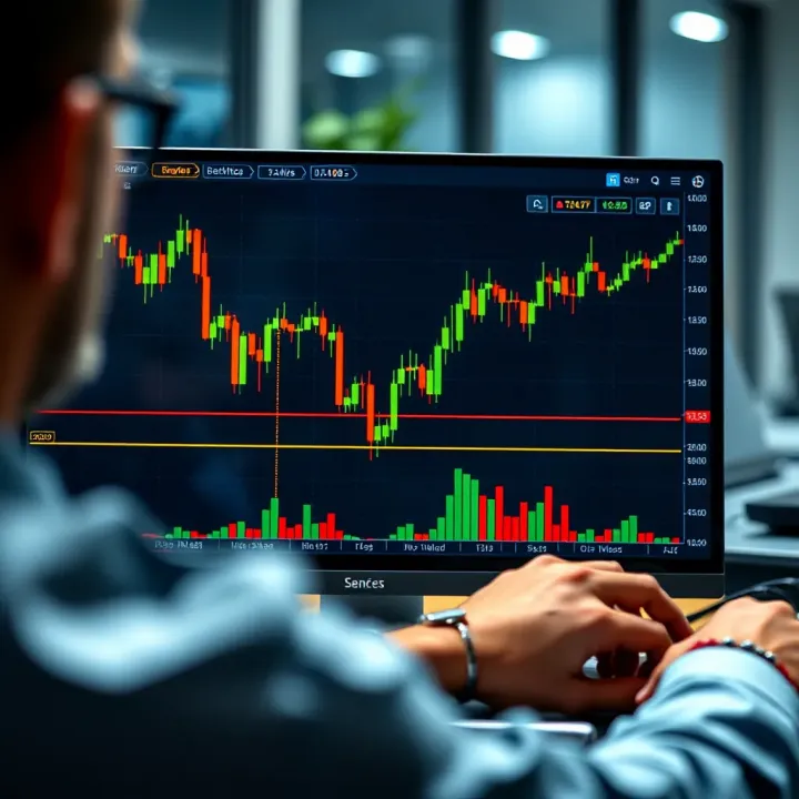 Financial chart displaying upward trend with candlestick patterns on digital screen