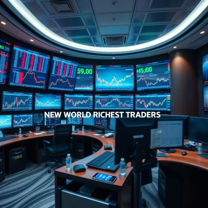 High-Tech Trading Environment of Top Financial Traders Luxurious office space with multiple monitors showcasing stock market data and trading activity
