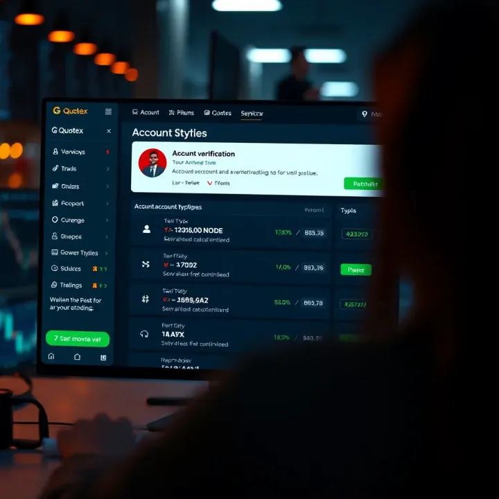 Account Verification and Selection on Quotex Dashboard displaying account types and verification options for online trading