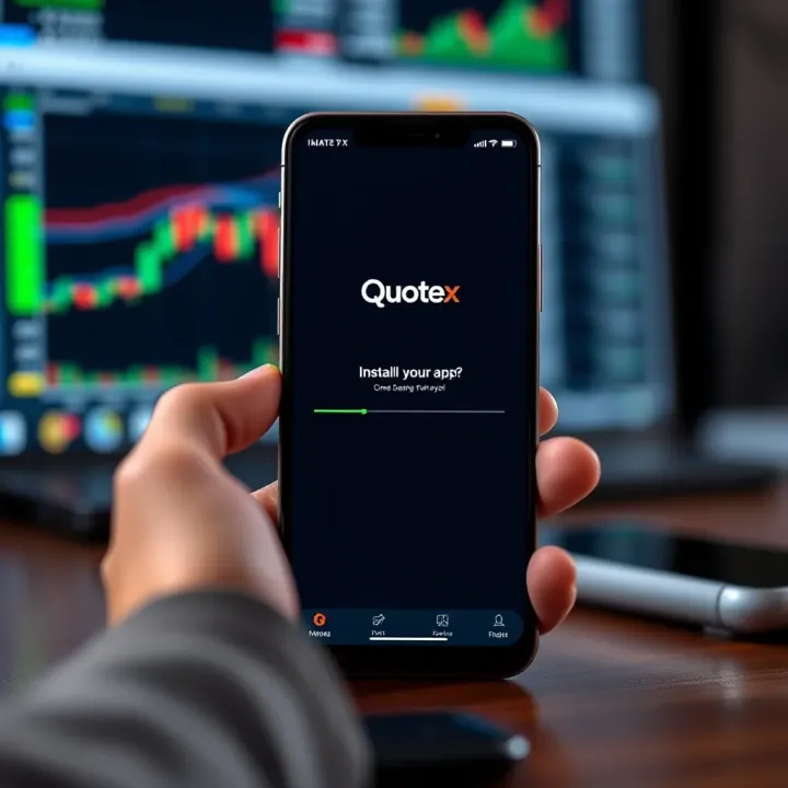 Mobile device showing Quotex app installation screen with download progress