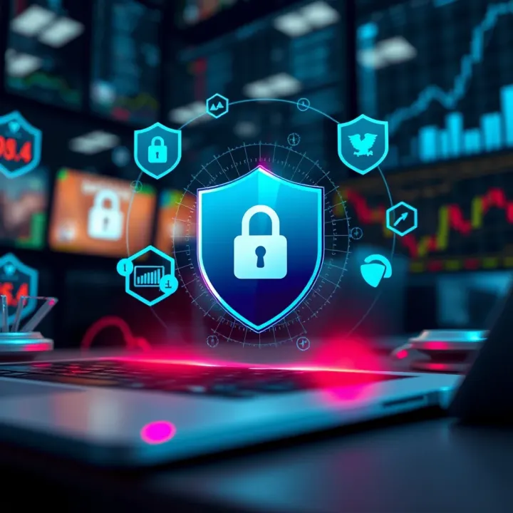 Illustration of secure online trading environment with shields and digital security icons
