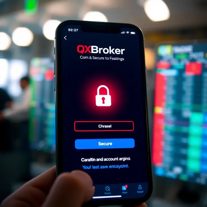 Secure login screen of QXBroker.com app featuring encryption and account protection elements