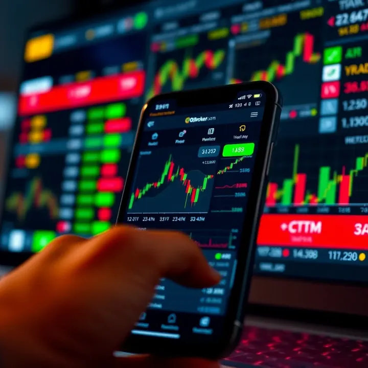 User interface of QXBroker.com app displaying various trading tools and real-time market data