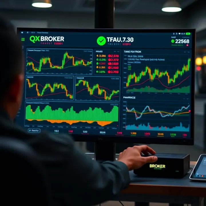 Dashboard interface showcasing QXBroker's trading platform with charts and market data