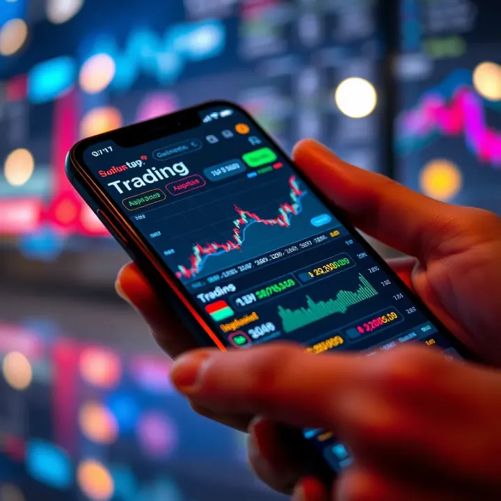 Mobile phone displaying a secure trading platform interface with stock charts and market data