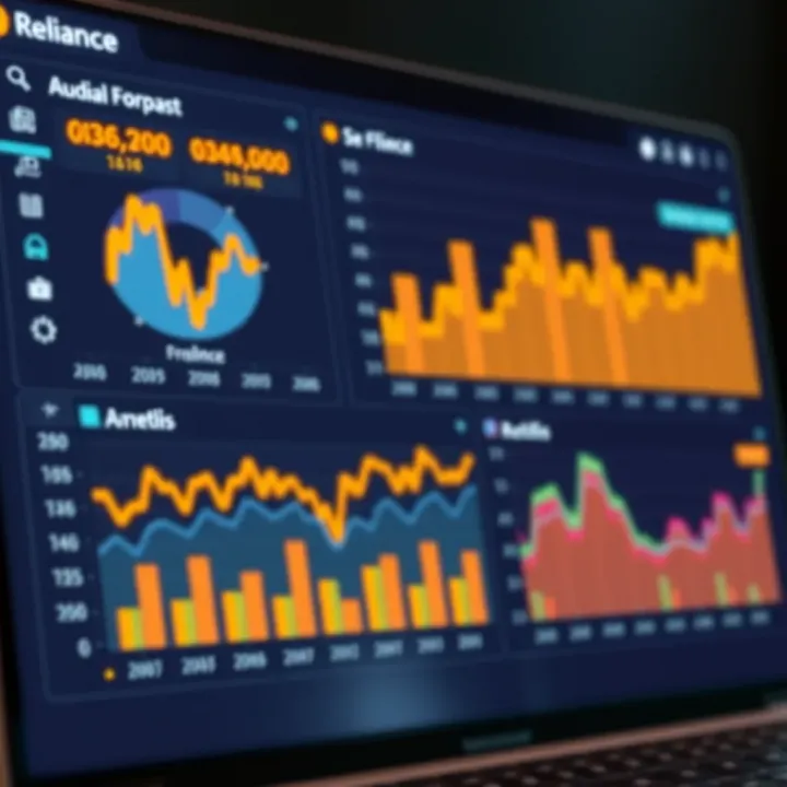 Dashboard displaying financial metrics and analyst forecasts for Reliance Industries