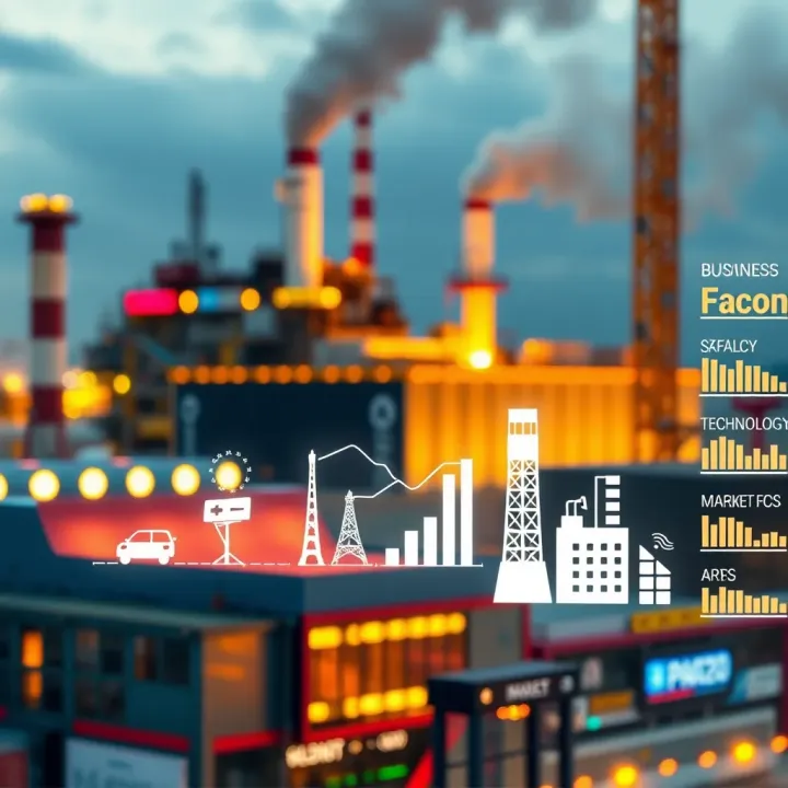 Illustration of business expansion with factory, technology, and market reach icons