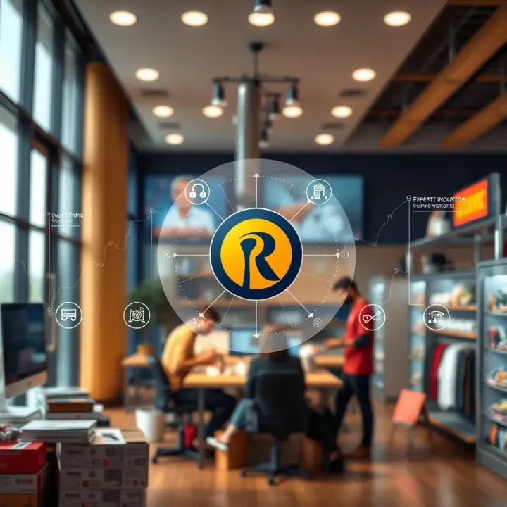 Illustration showing diverse business sectors of Reliance Industries including energy, telecommunications, and retail influencing market position
