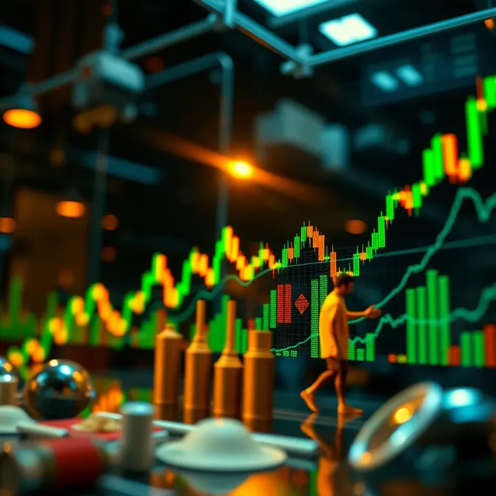 Abstract representation of commodities market dynamics with rising charts and market trends