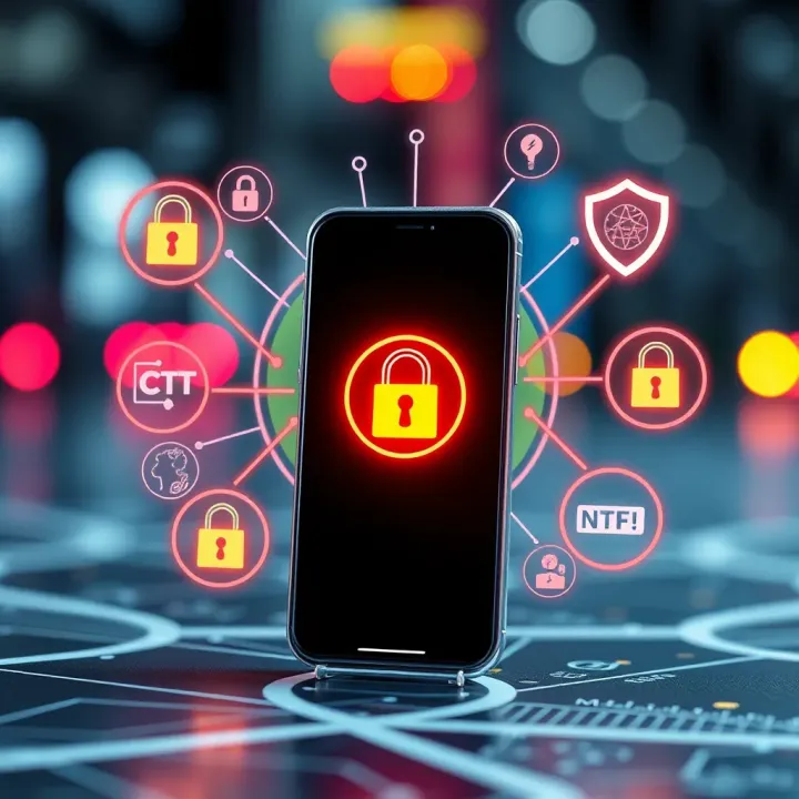 Illustration of digital security icons surrounding a mobile device to represent safe participation in crypto groups