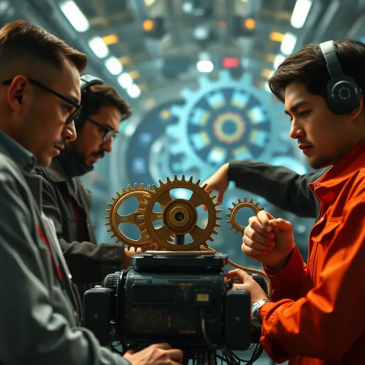 Diverse innovators collaborating around futuristic technology with gears and digital interfaces symbolizing progress