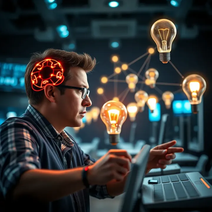 Creative minds generating new ideas with digital connections and light bulbs representing innovation
