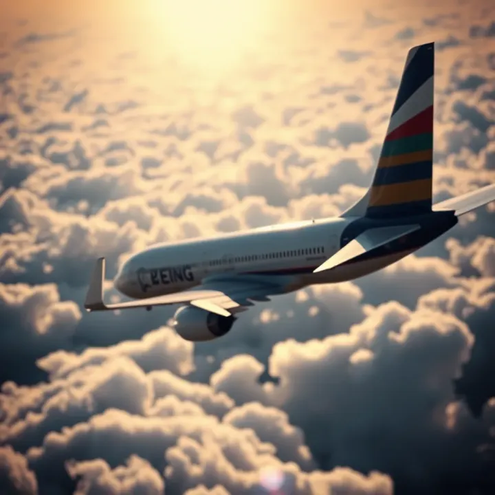 A side view of a commercial airplane soaring above the clouds representing global aerospace competition