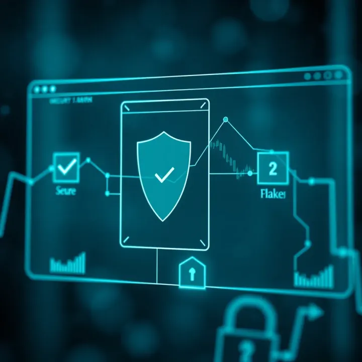 Conceptual graphic showing a secure online platform with shield and checkmark symbols