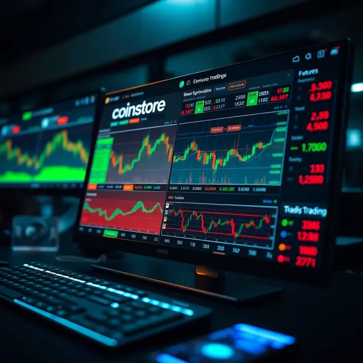 Overview of Coinstore Exchange user interface showing trading charts and options for spot and futures trading