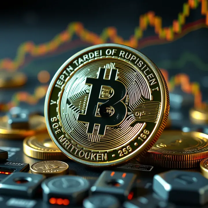 Digital representation of cryptocurrency with blockchain elements and Indian rupee symbol