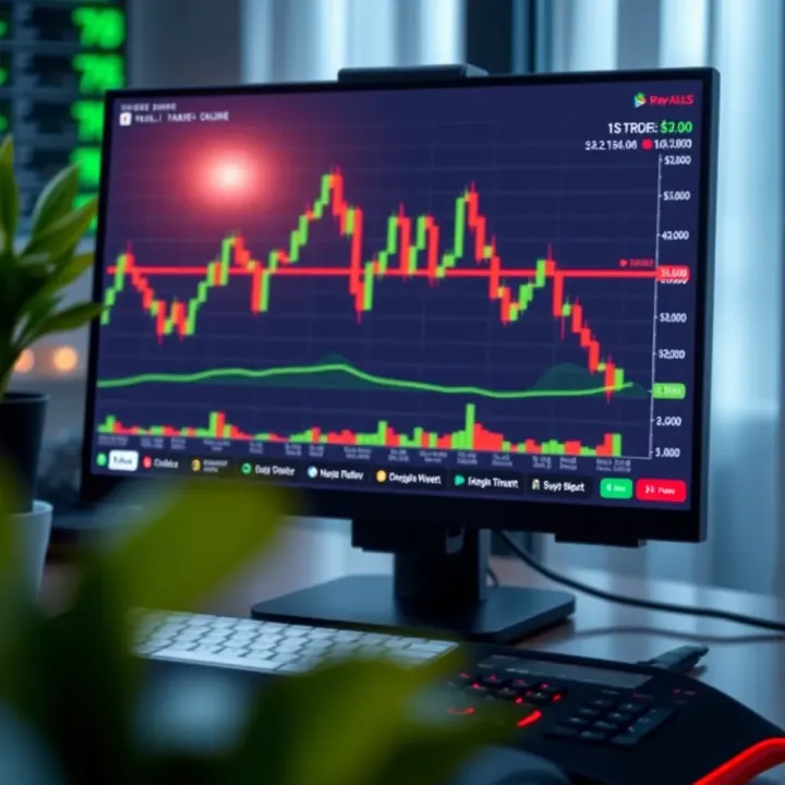 Graph displaying virtual stock market data on a computer screen