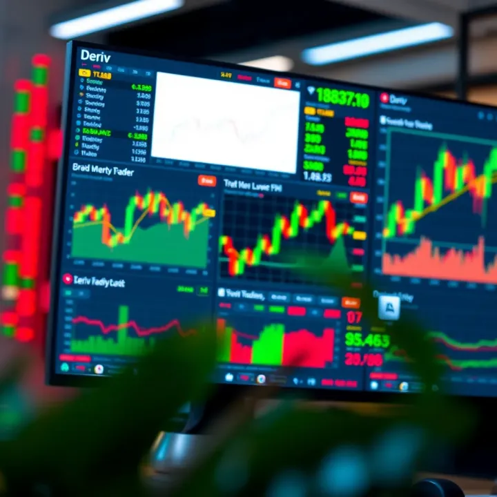 Trading dashboard showing various financial charts and live market data on Deriv platform