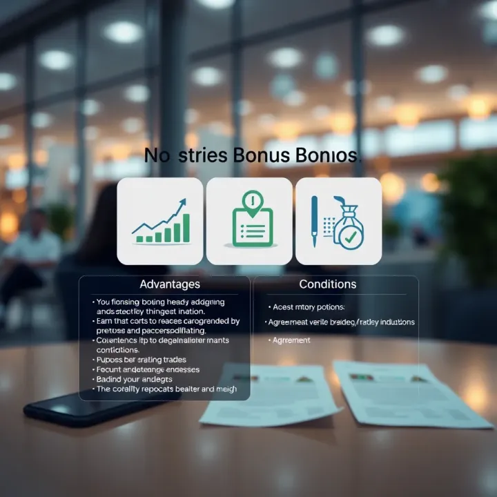 Illustration Highlighting Advantages and Conditions of No Deposit Bonus Visual representation of benefits and terms with icons symbolizing financial growth and agreement documents