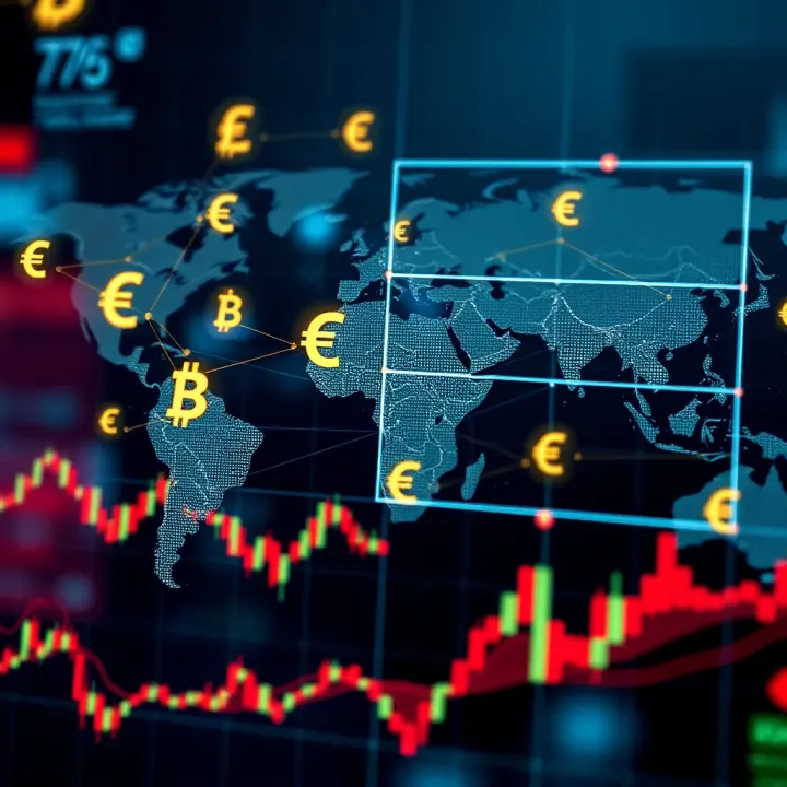 Illustration of global currency symbols interconnected on a digital trading platform