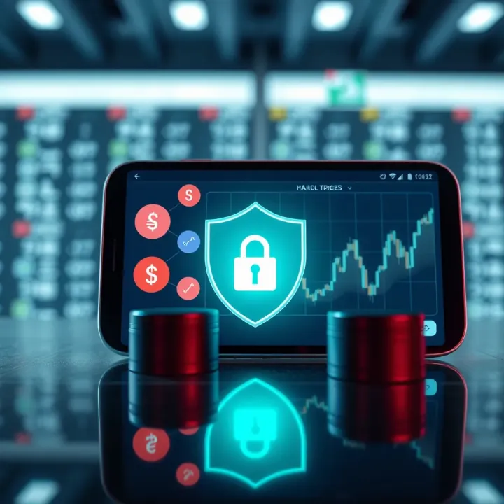 Illustration of a secure mobile trading platform showing currency symbols, security shield, and analytics graphs