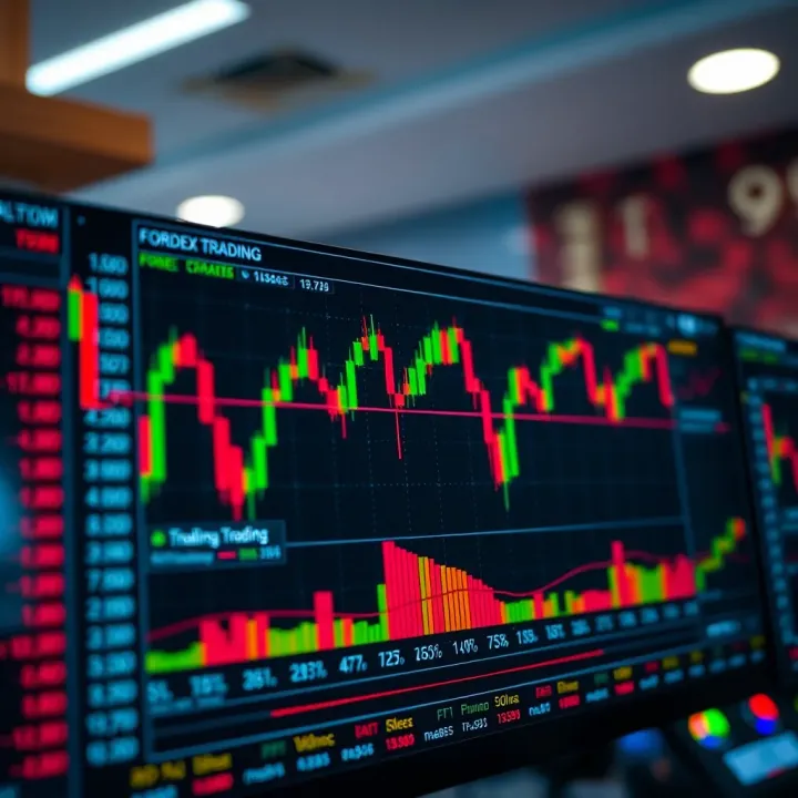 Digital screen showing currency charts and forex trading indicators