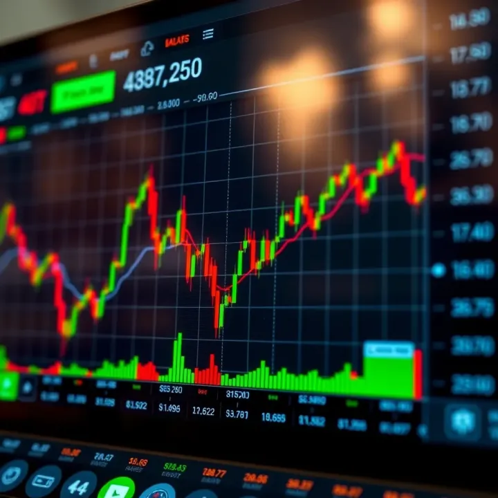 Graph showing rising and falling financial market trends on a digital trading platform