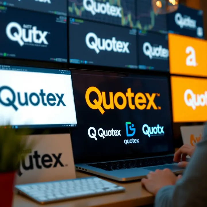 Quotex logo displayed across various digital platforms demonstrating consistent brand presence