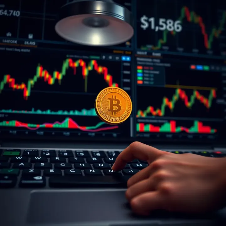 Illustration showing a digital dashboard with trading charts and a promotional code symbol