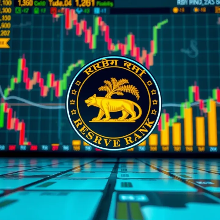 Graphical representation of foreign exchange market with Indian currency symbols and RBI emblem