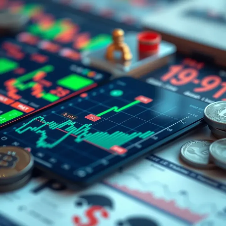Illustration of financial market elements including stocks, graphs, and currency symbols representing trading activities on a mobile app